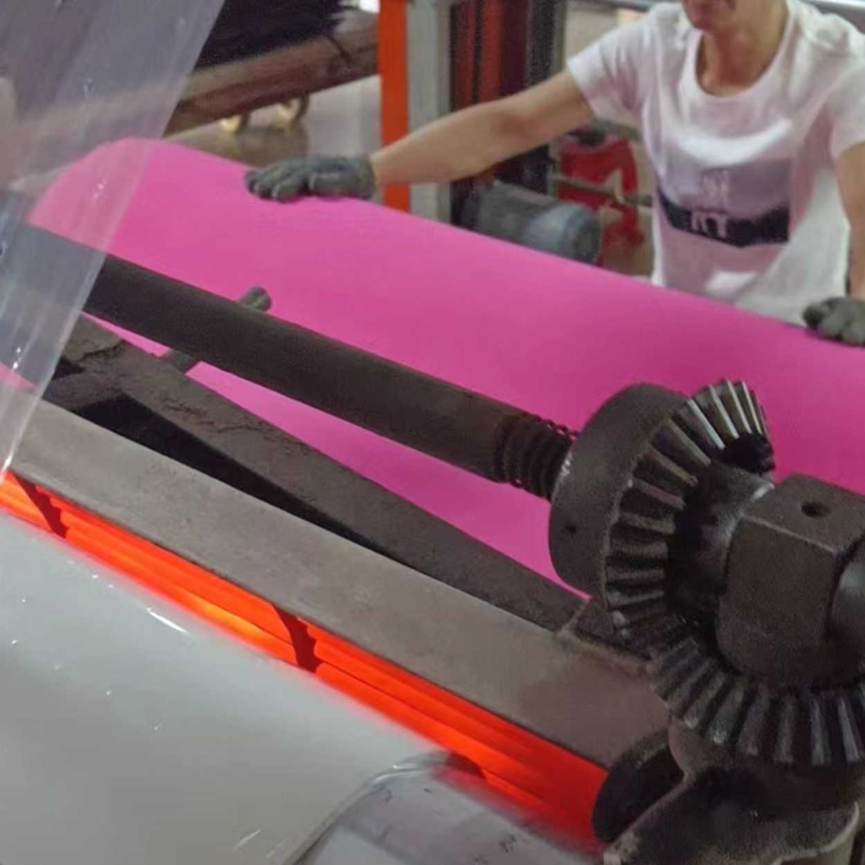 Rolls of EVA foam material in a factory, ready for processing by a boat flooring supplier.