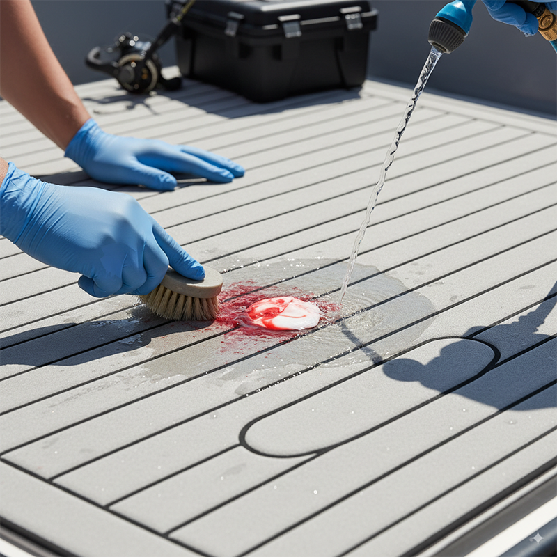 Fish blood being effortlessly sprayed off a white EVA foam boat deck, showing its stain resistance.