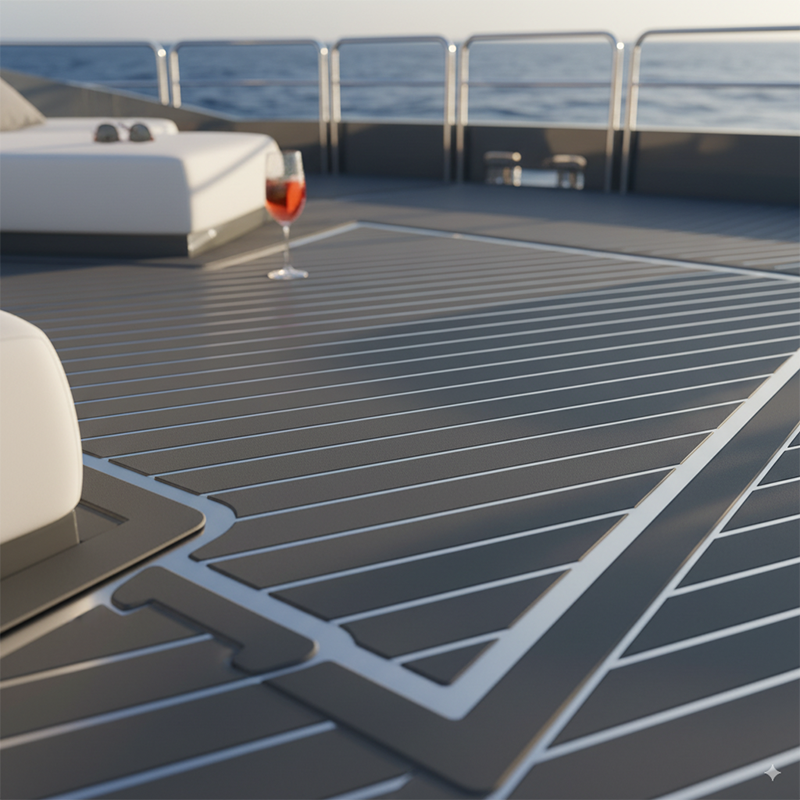 An overhead view of a luxurious yacht deck with custom light and dark EVA foam flooring, showcasing a sophisticated design that makes the space feel larger.
